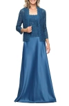Alex Evenings Sequin Lace & Satin Gown With Jacket In Blue