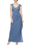 ALEX EVENINGS SEQUIN LACE BODICE EMPIRE WAIST GOWN