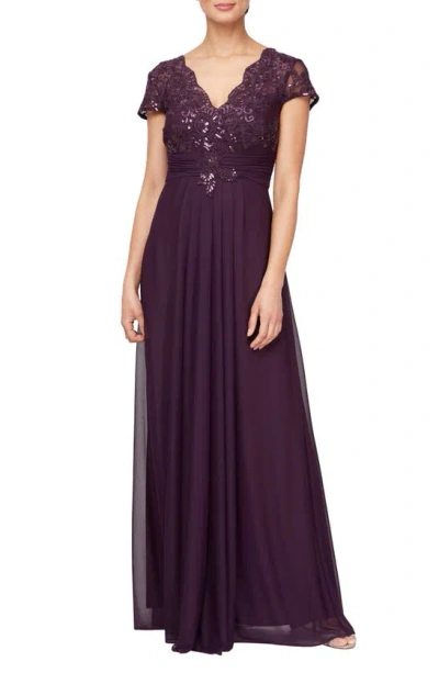 Alex Evenings Sequin Lace Bodice Gown In Eggplant