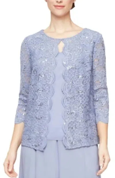 Alex Evenings Sequin Lace Chiffon Scallop Trim Detail Faux Twinset In Lavender In Purple