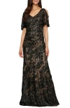 Alex Evenings Sequin Lace Cold Shoulder Trumpet Evening Gown In Black/nude