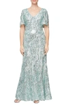Alex Evenings Sequin Lace Cold Shoulder Trumpet Evening Gown In Ice Sage