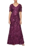 Alex Evenings Sequin Lace Cold Shoulder Trumpet Evening Gown In Plum