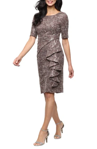 Alex Evenings Sequin Lace Sheath Cocktail Dress In Brown
