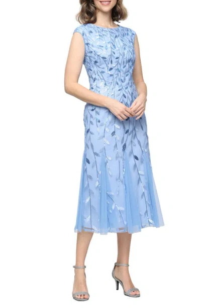Alex Evenings Sequin Leaf Embroidery Cocktail Midi Dress In Blue