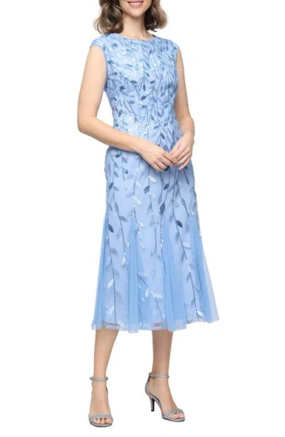 Alex Evenings Sequin Leaf Embroidery Cocktail Midi Dress In Blue