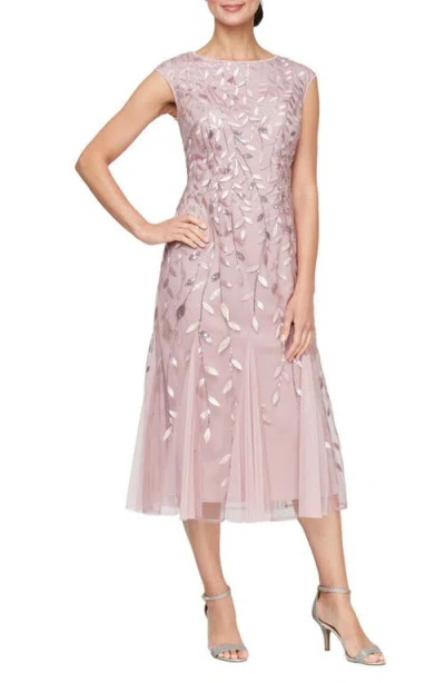 Alex Evenings Sequin Leaf Embroidery Cocktail Midi Dress In Rose