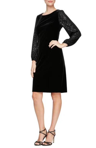 Alex Evenings Sequin Long Sleeve Velvet Sheath Dress In Black