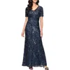 Alex Evenings Sequin Mesh Overlay Gown In Blue