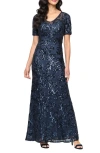 Alex Evenings Sequin Mesh Overlay Gown In Blue