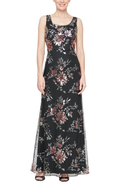 Alex Evenings Sequin Mesh Overlay Trumpet Dress In Blk Multi