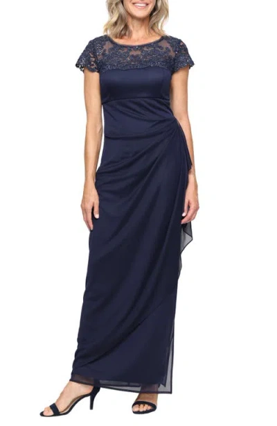 Alex Evenings Sequin Mesh Satin Gown In Blue