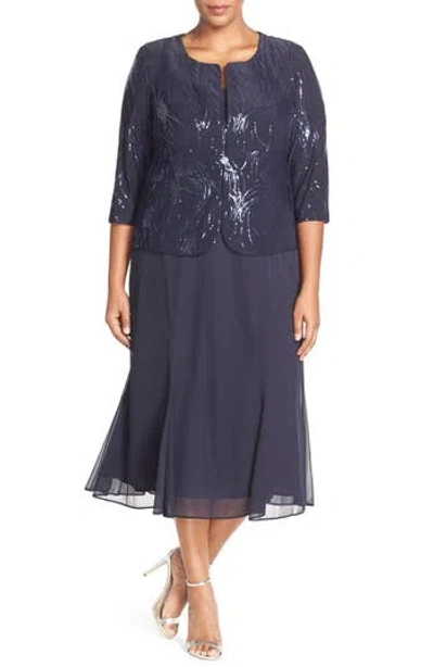 Alex Evenings Sequin Mock Two-piece Dress With Jacket In Blue