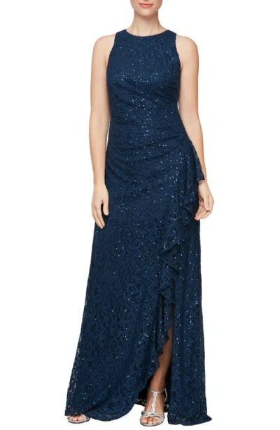 ALEX EVENINGS ALEX EVENINGS SEQUIN RUCHED RUFFLE A-LINE GOWN