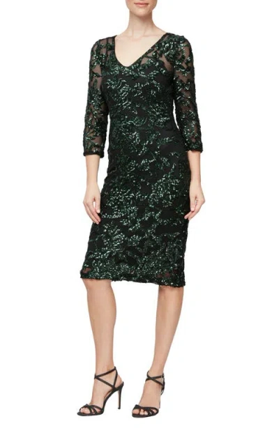 Alex Evenings Sequin Sheath Cocktail Dress In Black/green