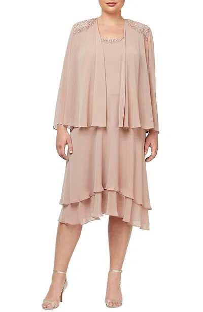 Alex Evenings Sequin Shoulder Tiered Jacket Dress In Nude In Brown