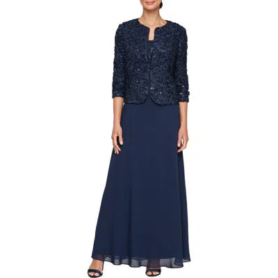 Alex Evenings Sequin Soutache Lace Empire Waist Chiffon Gown With Jacket In Blue