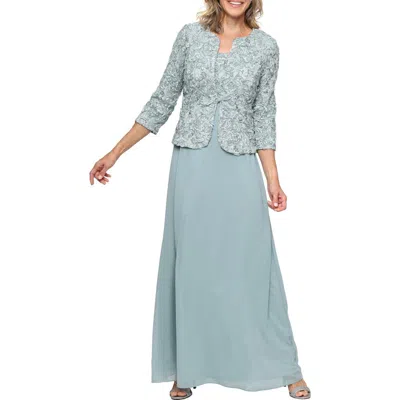Alex Evenings Sequin Soutache Lace Empire Waist Chiffon Gown With Jacket In Blue