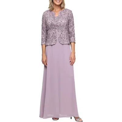Alex Evenings Sequin Soutache Lace Empire Waist Chiffon Gown With Jacket In Purple
