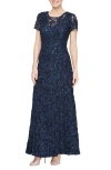 Alex Evenings 81122670 A Line Long Formal Lace Sequin Mother Of The Bride Dress In Blue