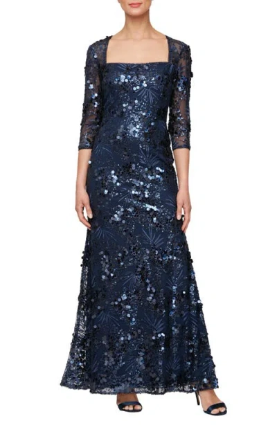 Alex Evenings Sequin Square Neck Trumpet Gown In Navy