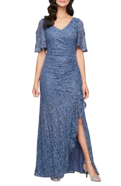 Alex Evenings Sequin Stretch Lace Gown In Wedgewood