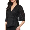 Alex Evenings Sequin Stretch Lace Wrap Top In Black
