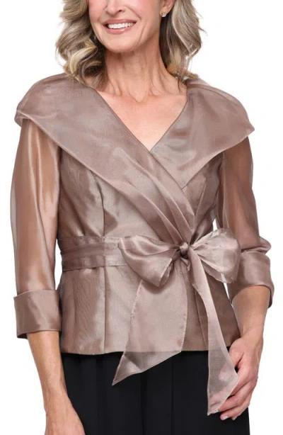 Alex Evenings Shawl Collar Organza Top In Brown