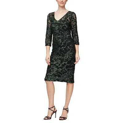 Alex Evenings Sheath Dress Black Green Sequin Details V-neck Jzz473