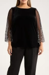 Alex Evenings Sheer Rhinestone Sleeve Velvet Blouse In Black