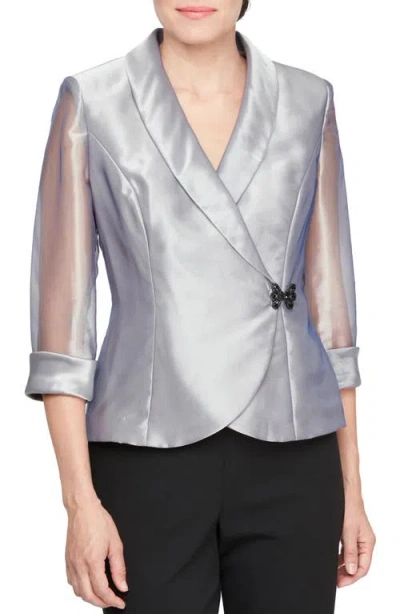 Alex Evenings Sheer Sleeve Organza Wrap Top In Steel