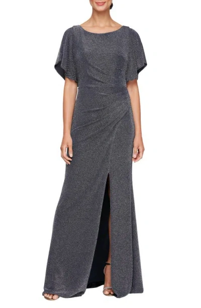 Alex Evenings Shimmer Flutter Sleeve Gown In Navy/silver
