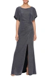 Alex Evenings Shimmer Flutter Sleeve Gown In Navy/silver