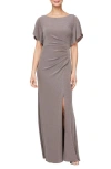 Alex Evenings Shimmer Flutter Sleeve Gown In Rich Taupe