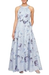 Alex Evenings Petite Printed Organza Halter Dress In Purple Multi