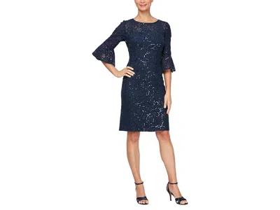 Alex Evenings Short Corded Lace Sheath Dress With Illusion Neckline And Bell Sleeves In Blue
