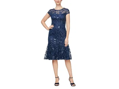 Alex Evenings Short Embroidered Dress With Flounce Detail Skirt And Cap Sleeves In Blue