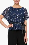 ALEX EVENINGS SHORT SLEEVE BLOUSON BLOUSE WITH TIE BELT IN NAVY