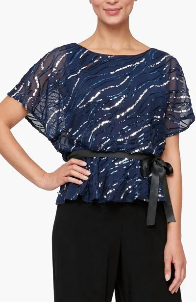 Alex Evenings Short Sleeve Blouson Blouse With Tie Belt In Navy In Blue