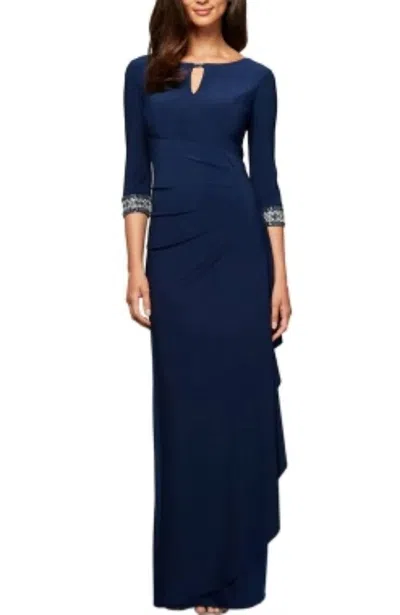 Alex Evenings Side Ruched Cascade Skirt-petite Dress In Navy