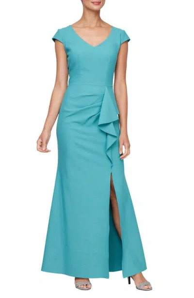 Alex Evenings Side Ruffle V-neck Gown In Teal