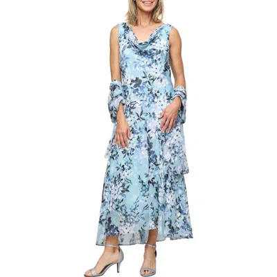 Alex Evenings Sleeveless Floral Print Burnout Chiffon Tea-length Dress In Blue