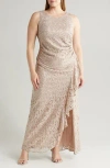 Alex Evenings Sleeveless Sequin Lace Sheath Gown In Buff