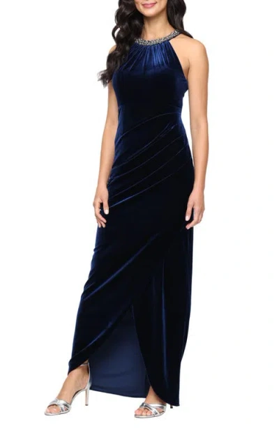 Alex Evenings Sleeveless Stretch Velvet Gown In Blue
