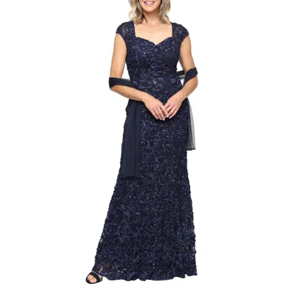 Alex Evenings Soutache Mermaid Gown With Shawl In Blue