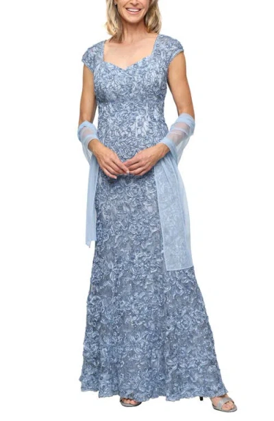Alex Evenings Soutache Sequin Lace A-line Gown With Wrap In Blue