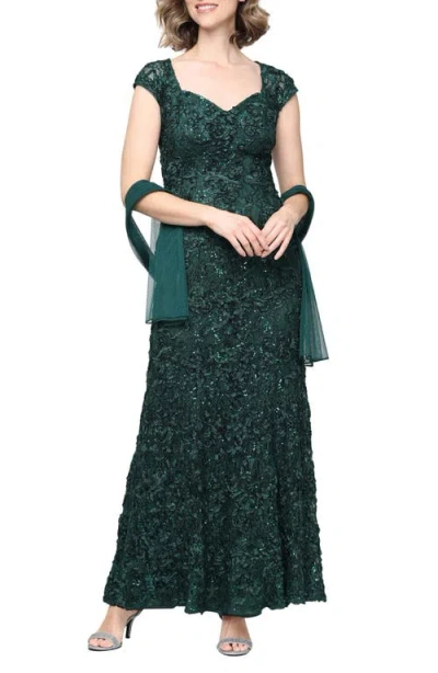 Alex Evenings Soutache Sequin Lace A-line Gown With Wrap In Animal Print