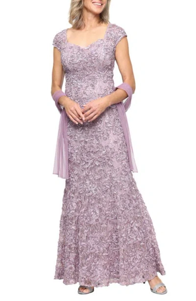 Alex Evenings Soutache Sequin Lace A-line Gown With Wrap In Purple