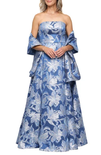 Alex Evenings Strapless Floral Jacquard Gown In Blue