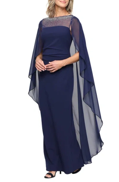 Alex Evenings Plus Size Cape-sleeve Beaded Neckline Dress In Blue